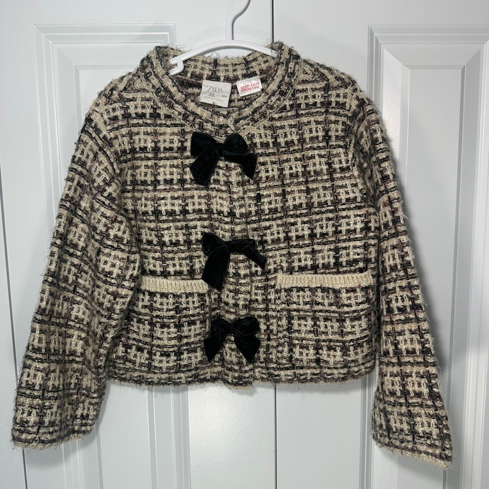 Zara Cardigan Kids 4/5 Brown Tweed Knit Velvet Bow Metallic Cropped Jacket - Picture 2 of 5